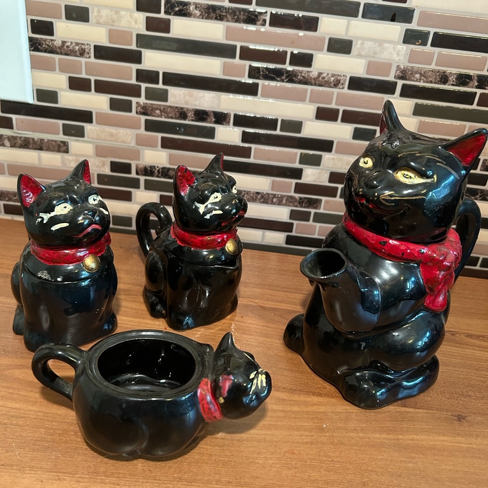 Vintage Shafford Black Cat Tea Set with Red Accents